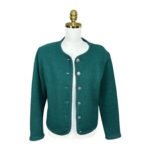 Vintage Tally-Ho Dark Green 100% Boiled Wool Cardigan Jacket Silver Ship Buttons